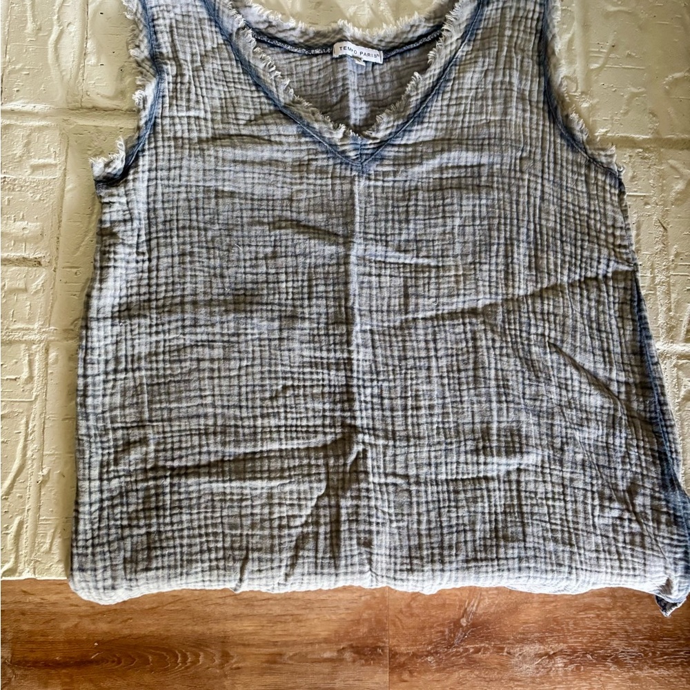 Tempo Paris Light Blue Frayed Sleeve Tank Size Small - Picture 6 of 7
